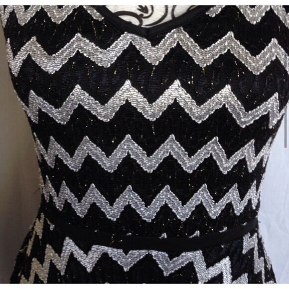 Studio Y Sz XS Black White Chevron Herringbone Lace Fit and Flare Dress Metallic - Picture 8 of 15